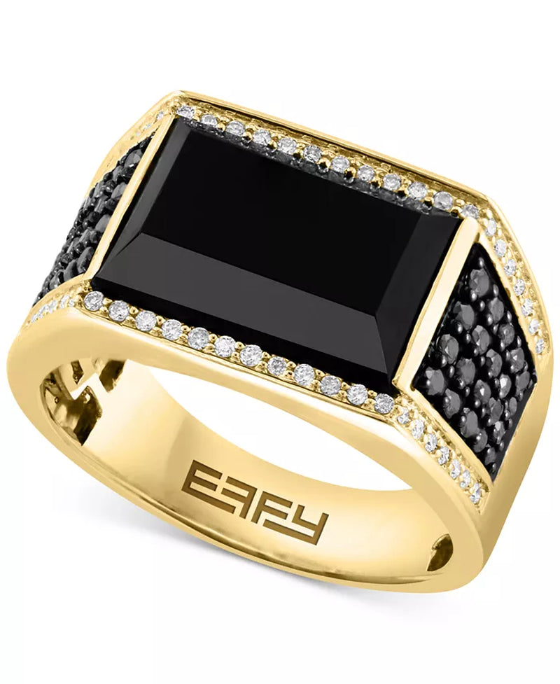 Men's onyx and diamond ring by EFFYÂ® in 14K gold, featuring black and white diamonds.