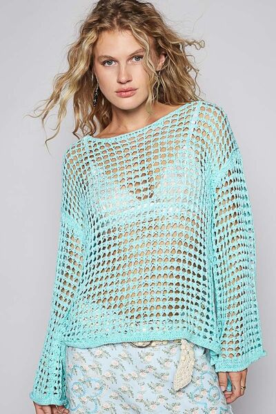 POL Side Slit Openwork Long Sleeve Knit Cover Up in blue with textured openwork design and side slits.